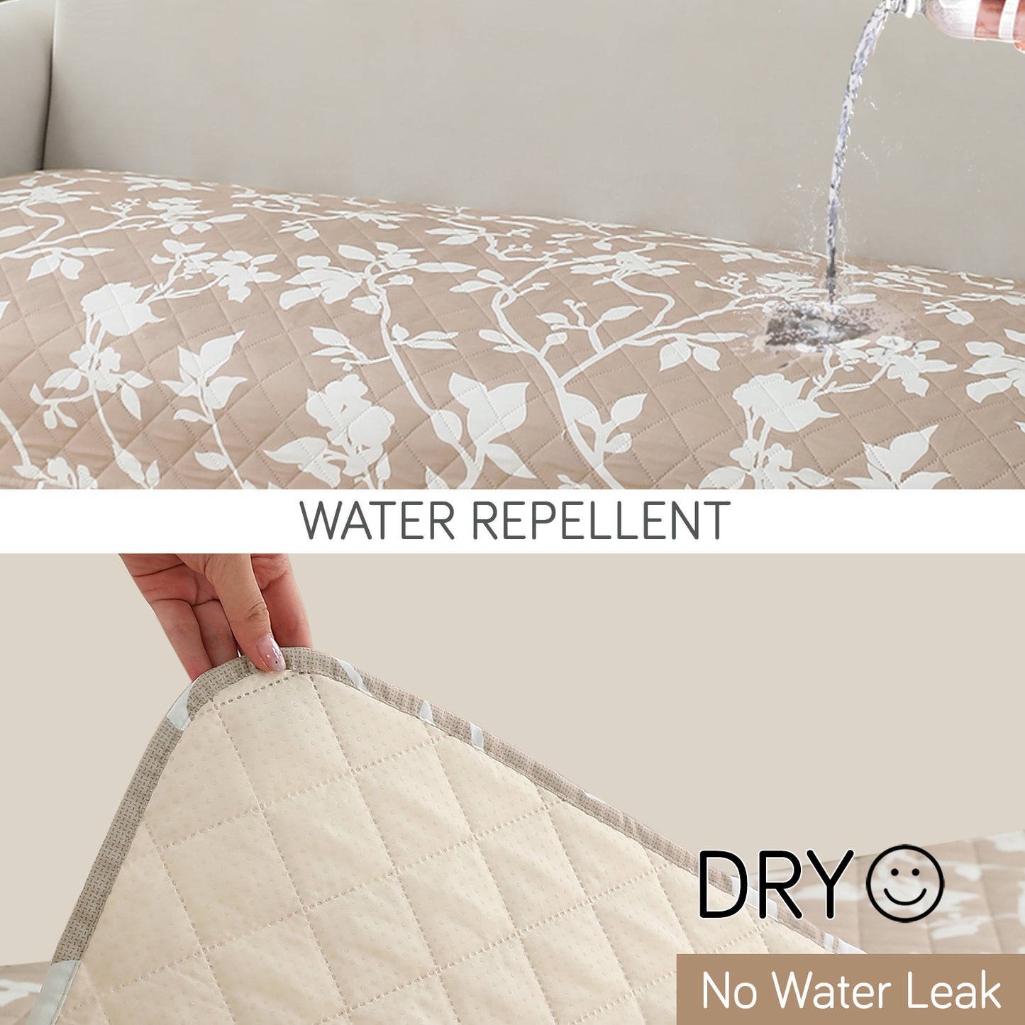 HOKIPO Water Repellent + Waterproof Quilted Sofa Mats, Buff Brown Sillehoute Floral