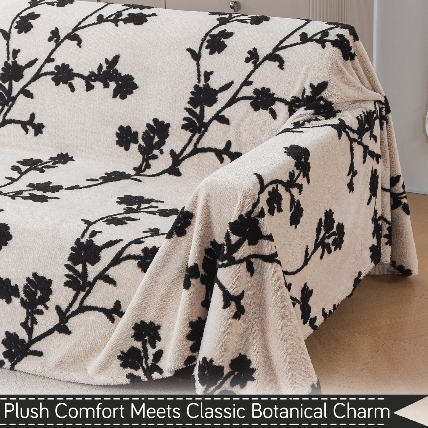 'Noirea Series' Plush Sofa Cover Throw for Complete Sofa, Botanical Vine
