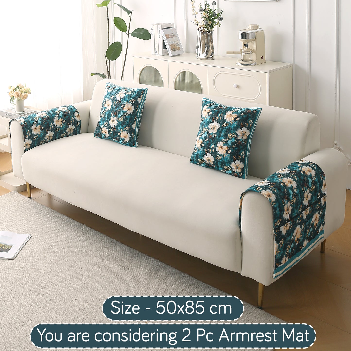 Florentina Series Printed Holland Velvet Sofa Mat - Pansies Teal