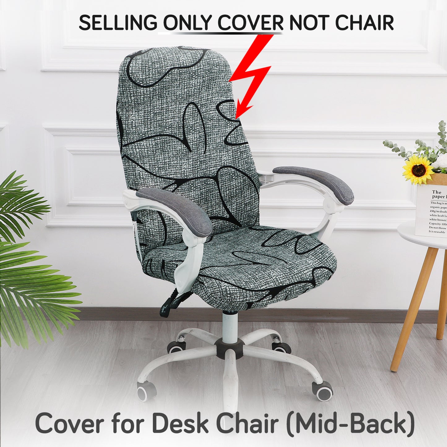 Printed Office Chair Cover for Desk Chair (Mid-Back) – 140 GSM Stretch Fabric – Washable & Anti-Slip – Fits Mid-Back Office Chairs, Intense Grey Abstract Floral - Medium