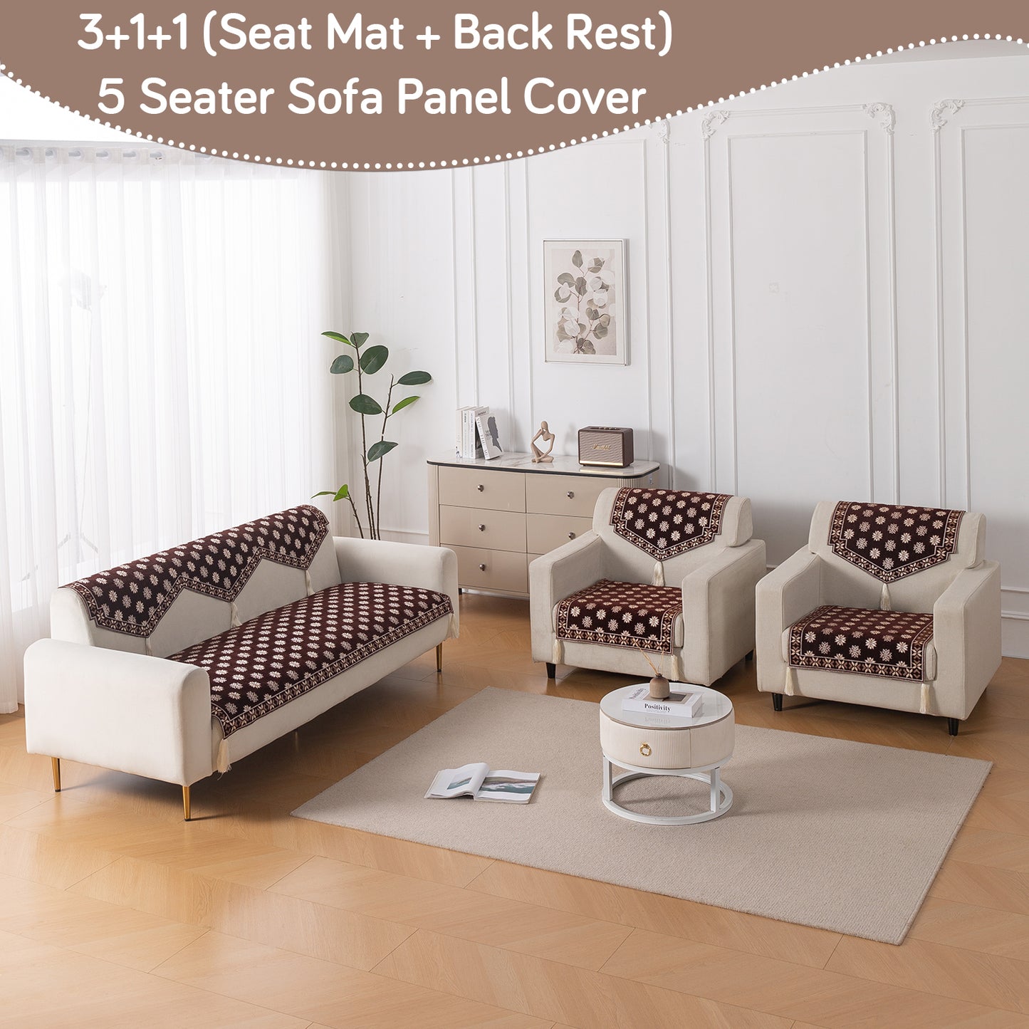 Heritage Weave Premium Jacquard Sofa Cover Set with Tassels - Coffee Brown