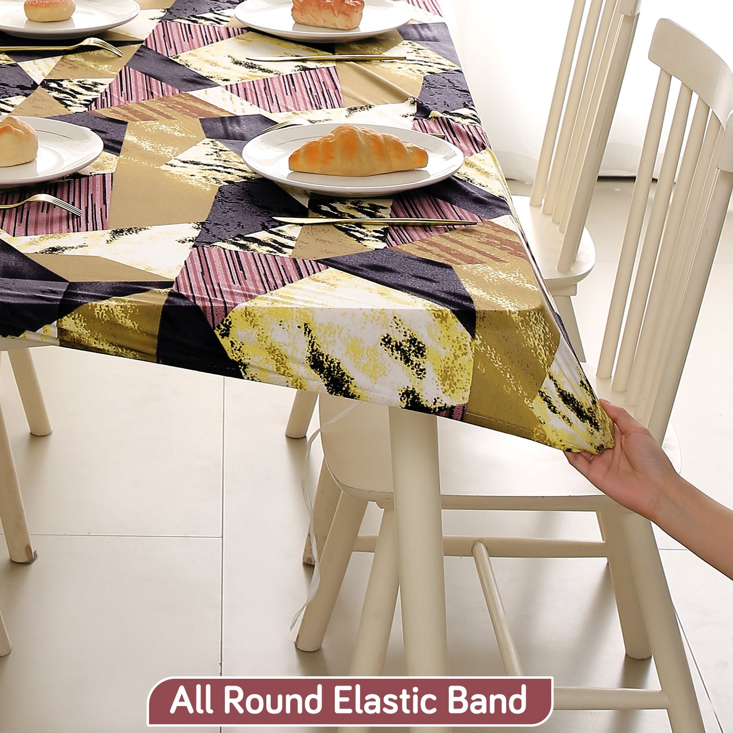 Printed Stretch Fit Water-Repellent & Anti-Slip Table Cloth Cover for 4 Seater / 6 Seater, Wine Abstract Geometry