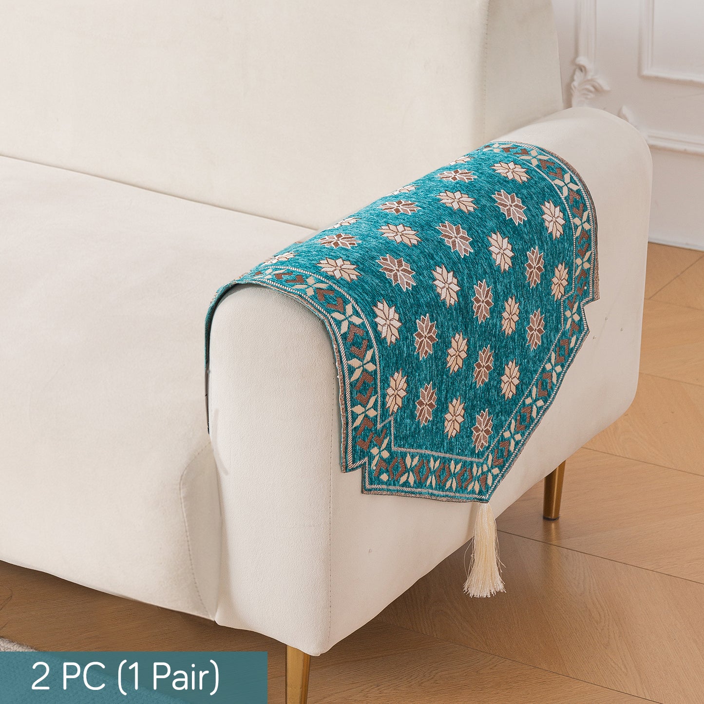 Heritage Weave Premium Jacquard Sofa Cover Set with Tassels - Emerald Teal
