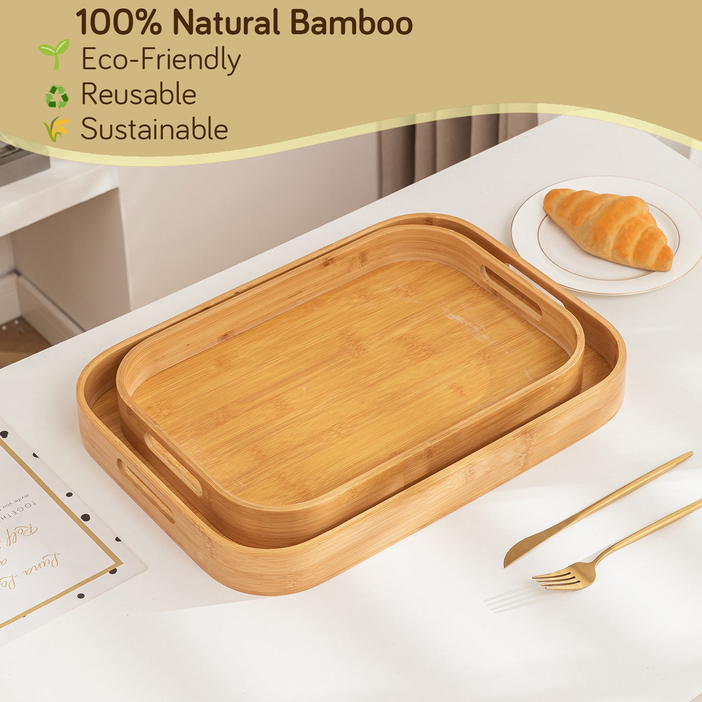 Natural Bamboo Serving Tray Set of 2/3 – Multipurpose Kitchen Tray with Handles