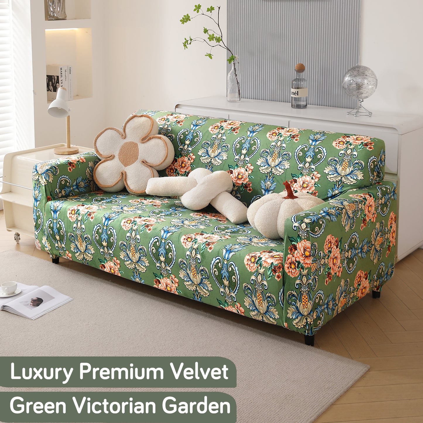 Premium Printed Velvet Sofa Cover 1/2/3 Seaters Fully Covered, Green Victorian Garden