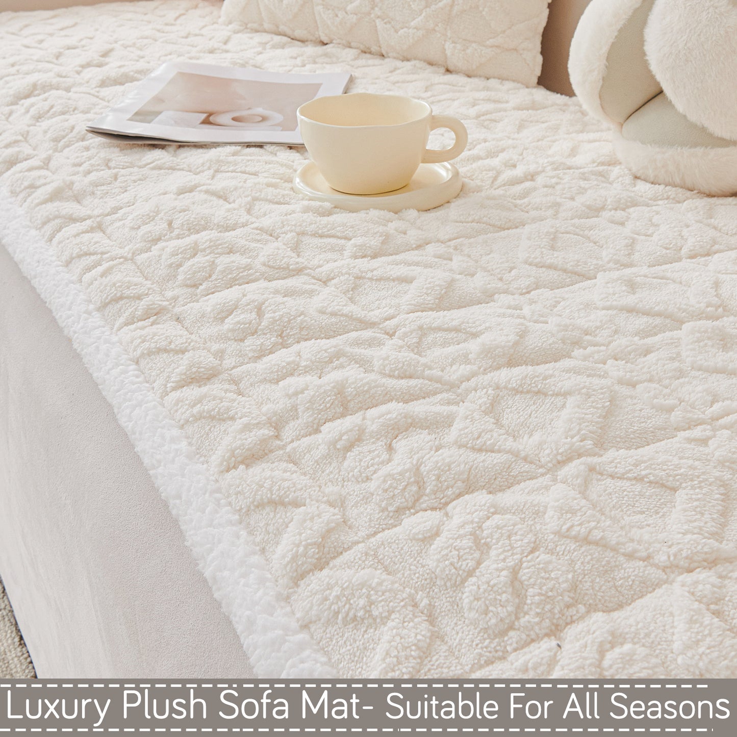 'Italian Caelora' Luxury Jacquard Plush Sofa Cover Mat and Anti-Slip Armrest Covers - Pearl Whit