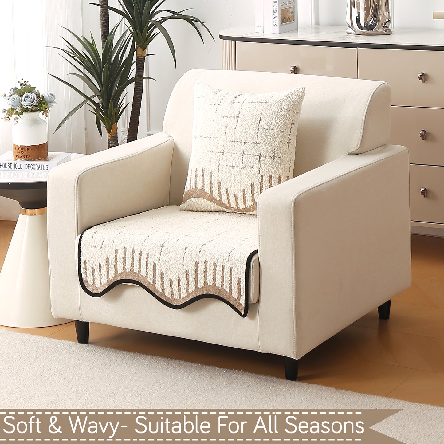 Premium Supple Soft Wavy with Curve Sofa Cover Mat, Cream Brown