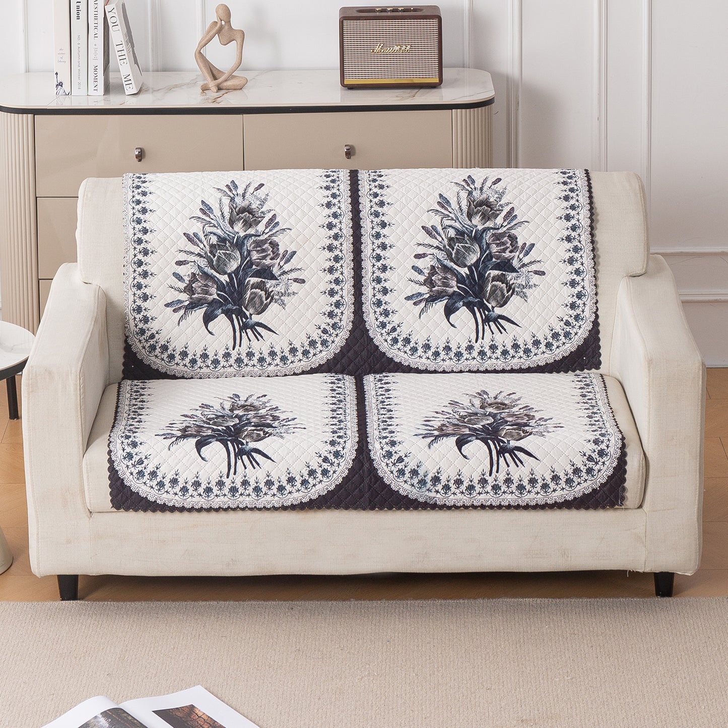 LoomVerse Quilted Sofa Cover Set Washable Sofa Panel for Seat & Back - Midnight Bloom