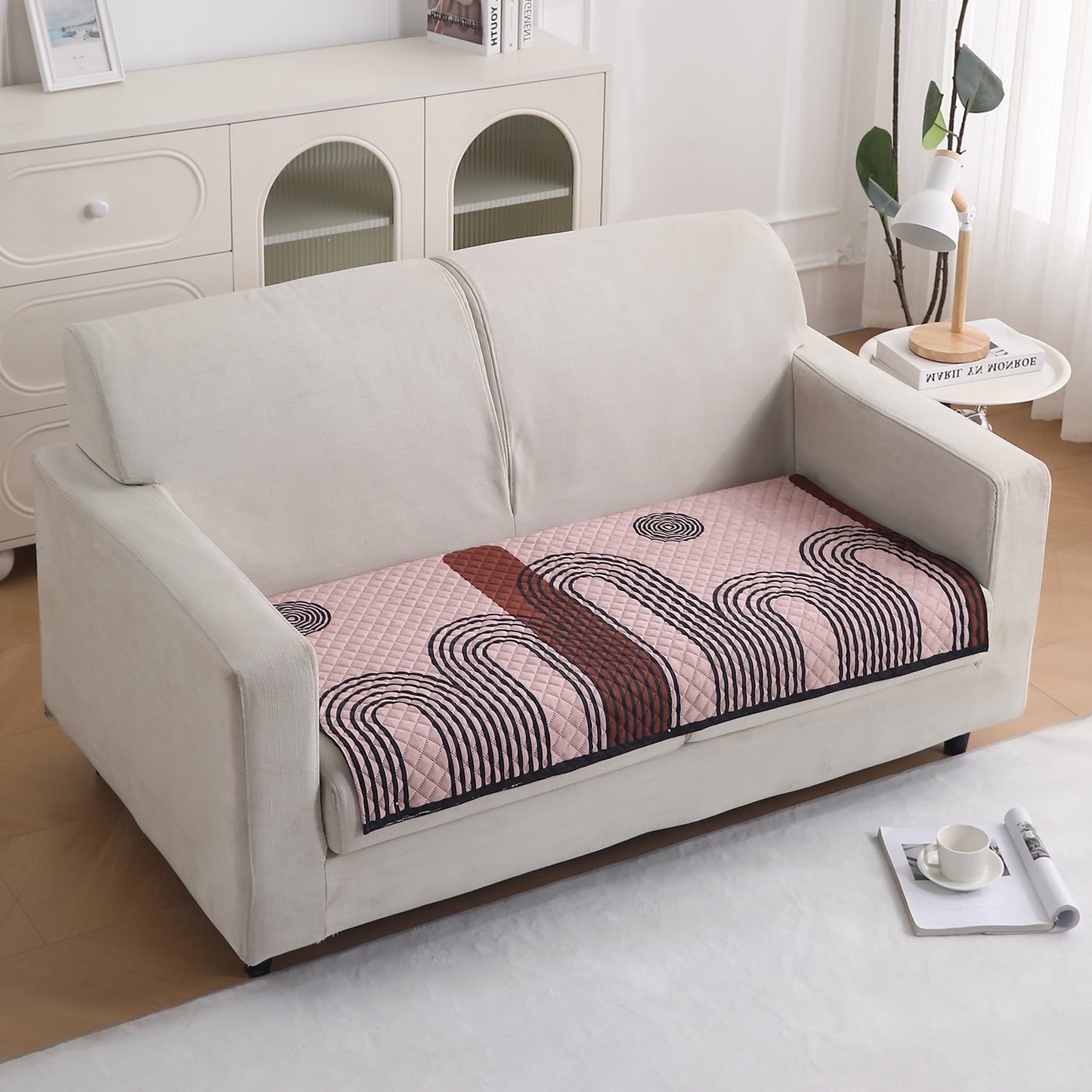 LiefNest Printed Holland Velvet Sofa Mat with Foam Filling - Modern Archscape Mauve Blush for 1/2/3 Seater & Armrest