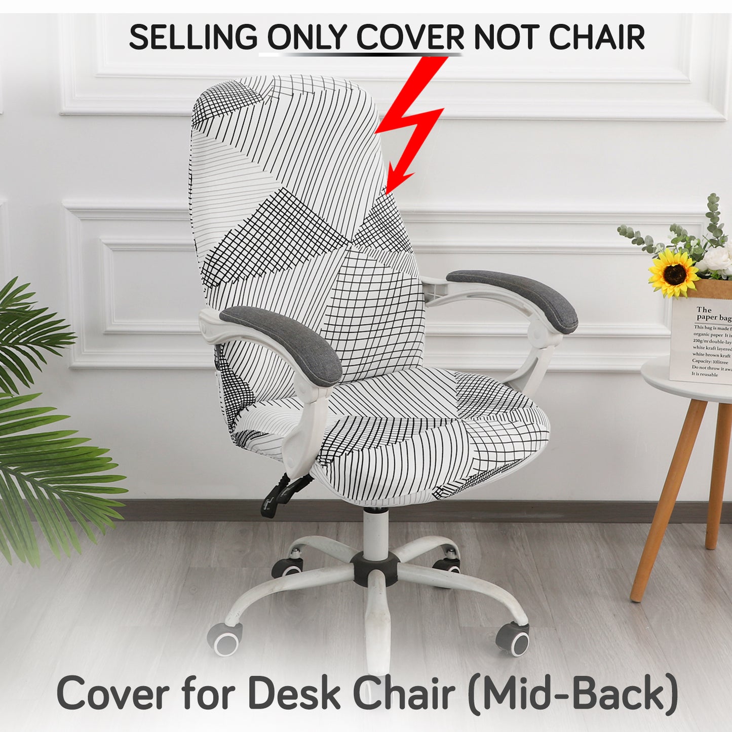 Printed Office Chair Cover for Desk Chair (Mid-Back) – 140 GSM Stretch Fabric – Washable, Durable & Anti-Slip – Fits Mid-Back Office Chairs, Snow White Black Geometry - Medium