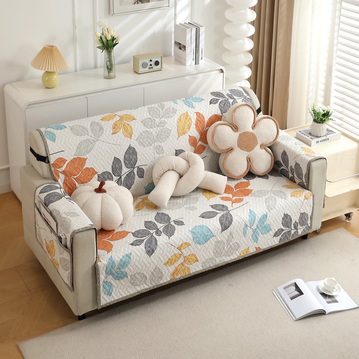 3 Seater Multicolor Leaves Printed quilted sofa cover