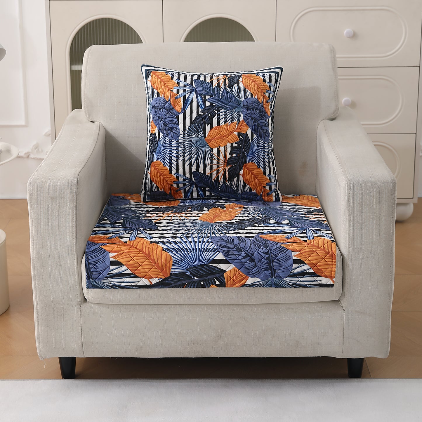 LiefNest Printed Holland Velvet Sofa Mat with Foam Filling - Tropical Leaves Dusk Blue for 1/2/3 Seater & Armrest