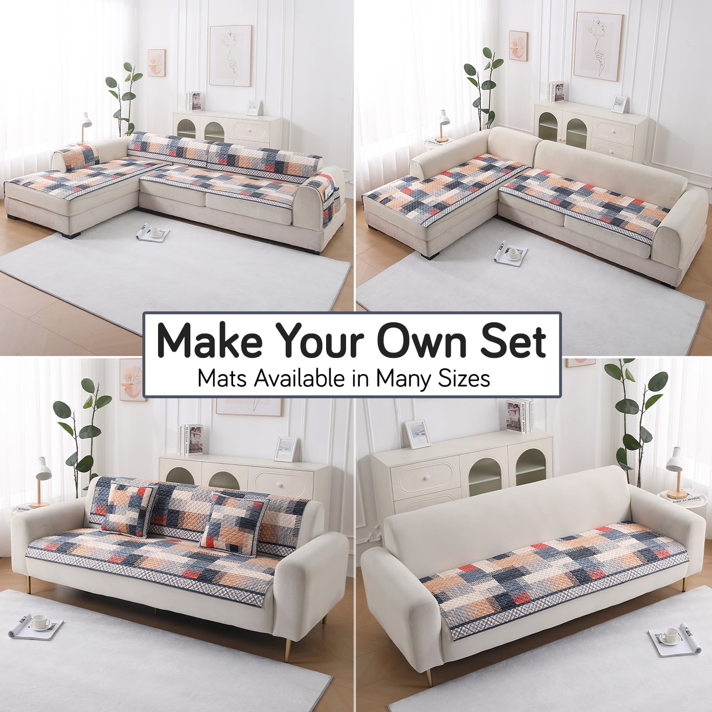 LiefNest Holland Velvet Sofa Cover Mat with Foam Filling - Urban Grid Multicolor