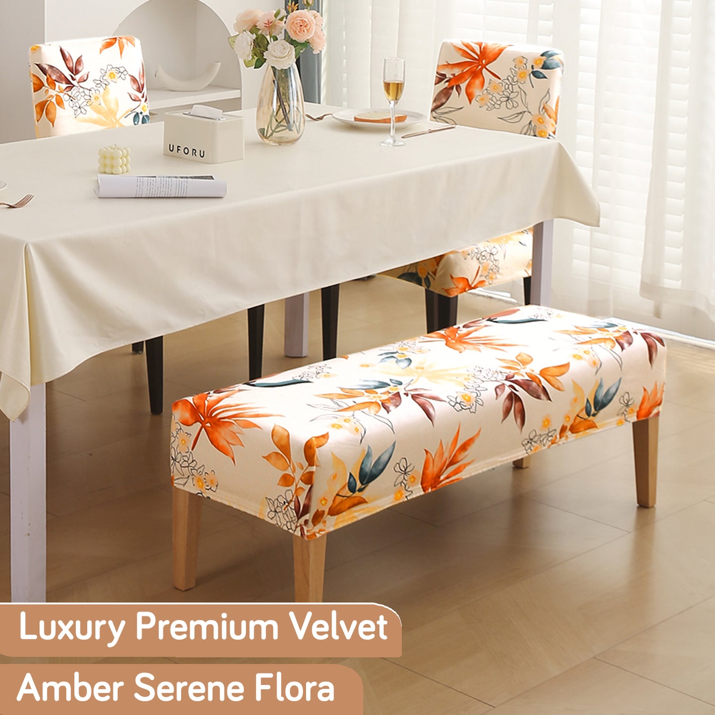 Premium Velvet Cover Set for 4 Dining Chairs + 1 Dining Bench, Amber Serene Flora