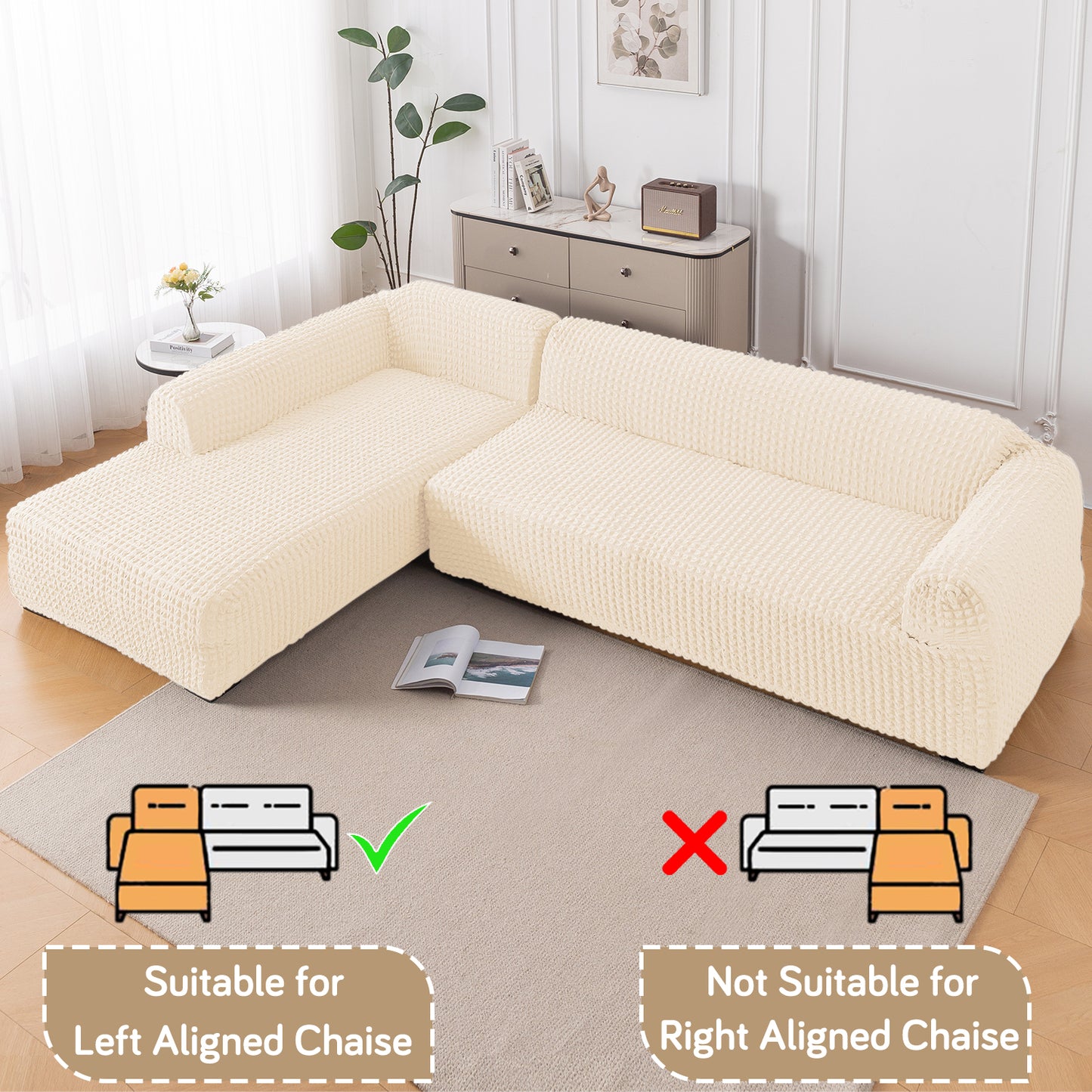 Aria Nova Bubble 2-Piece Stretchable L Shape Sofa Cover with Left Chaise, Light Cream
