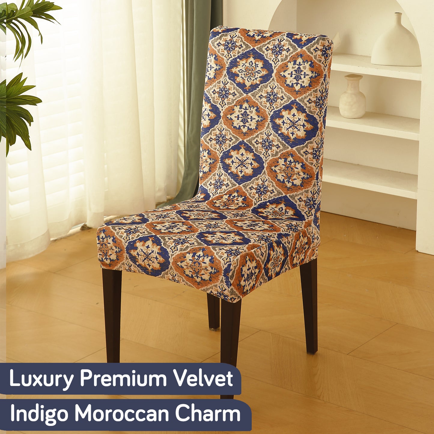 Premium Printed Velvet Sofa Cover 1/2/3 Seaters Fully Covered, Indigo Moroccan Charm