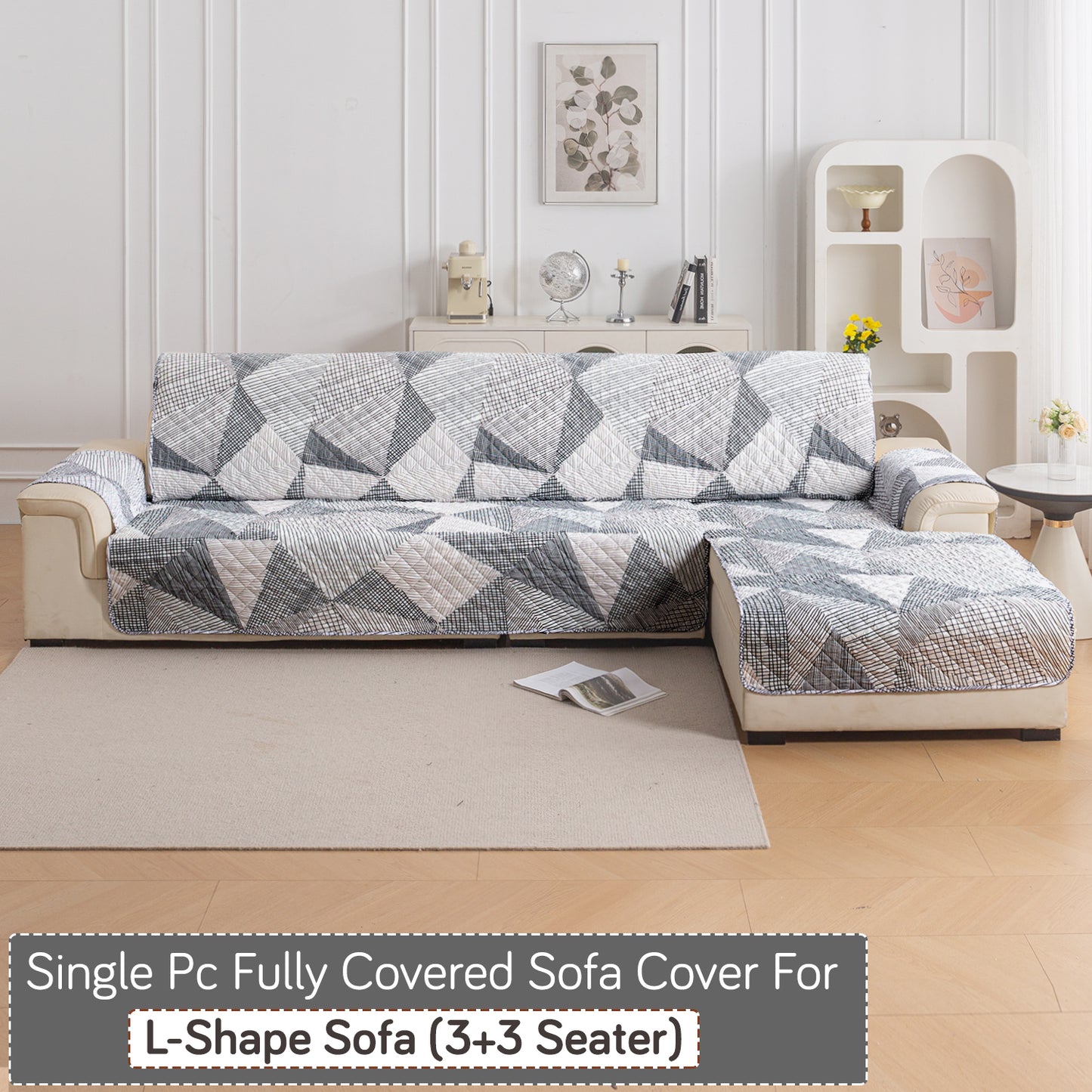 Elira Series Quilted One-Piece L Shape Sofa Cover Mat with Left and Right Chaise, Snow White Black Geometry