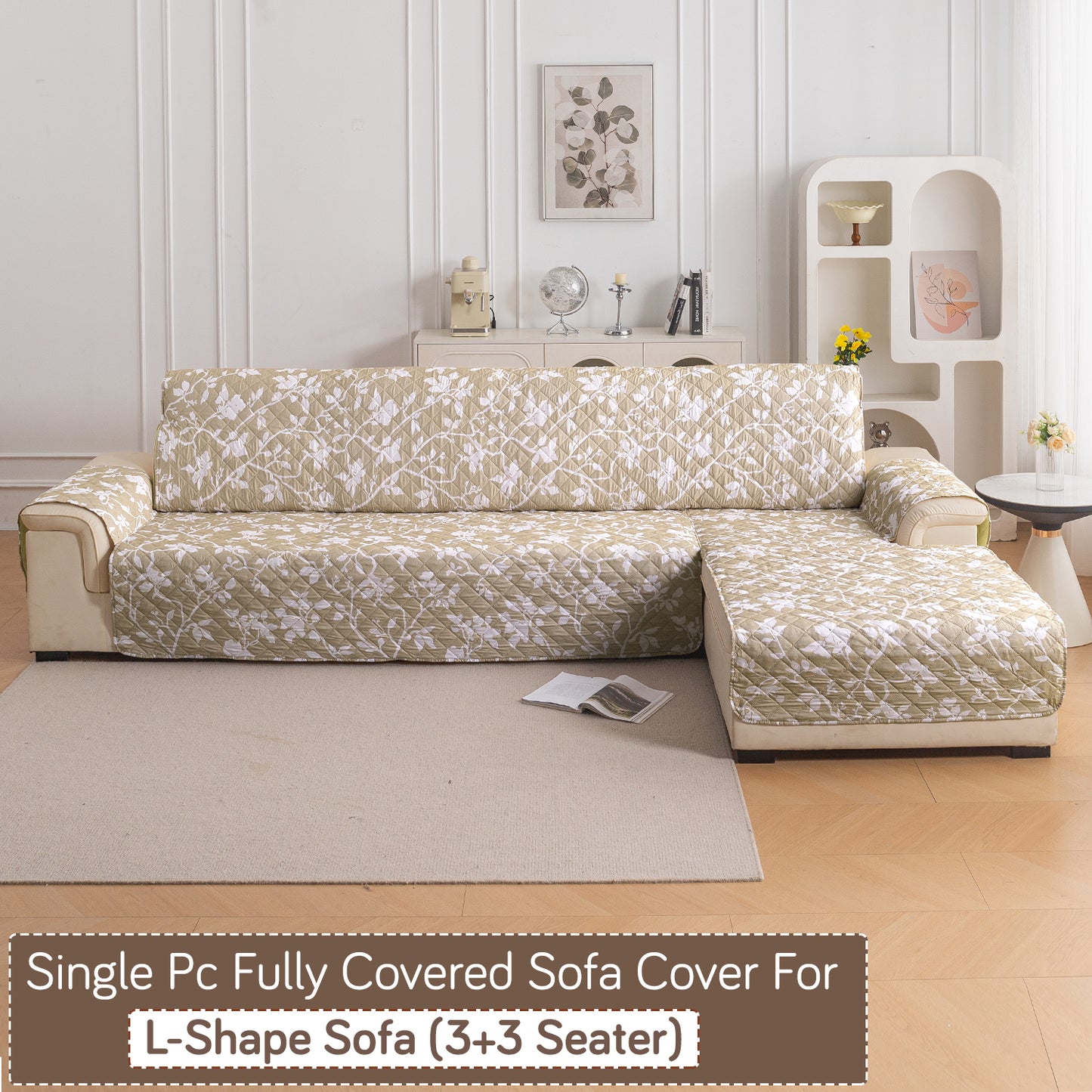 Elira Series Quilted One-Piece L Shape Sofa Cover Mat with Left and Right Chaise, Buff Brown Sillehoute Floral