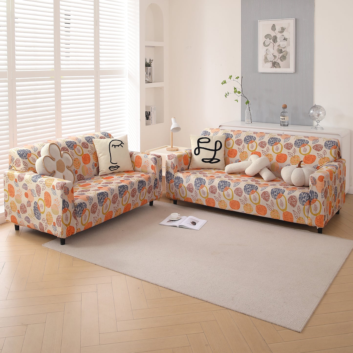 Premium Printed Velvet Sofa Cover 1/2/3 Seaters Fully Covered, Coral Autumn Leaves