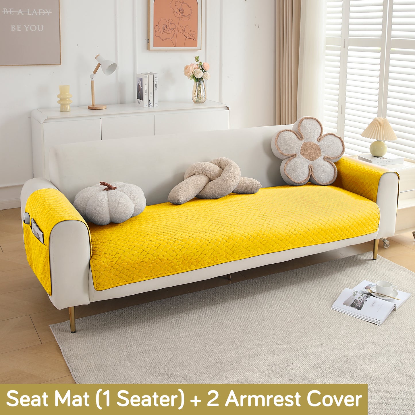 Quilted Sofa Cover Mat with 2 Armrest Covers Pockets, Yellow