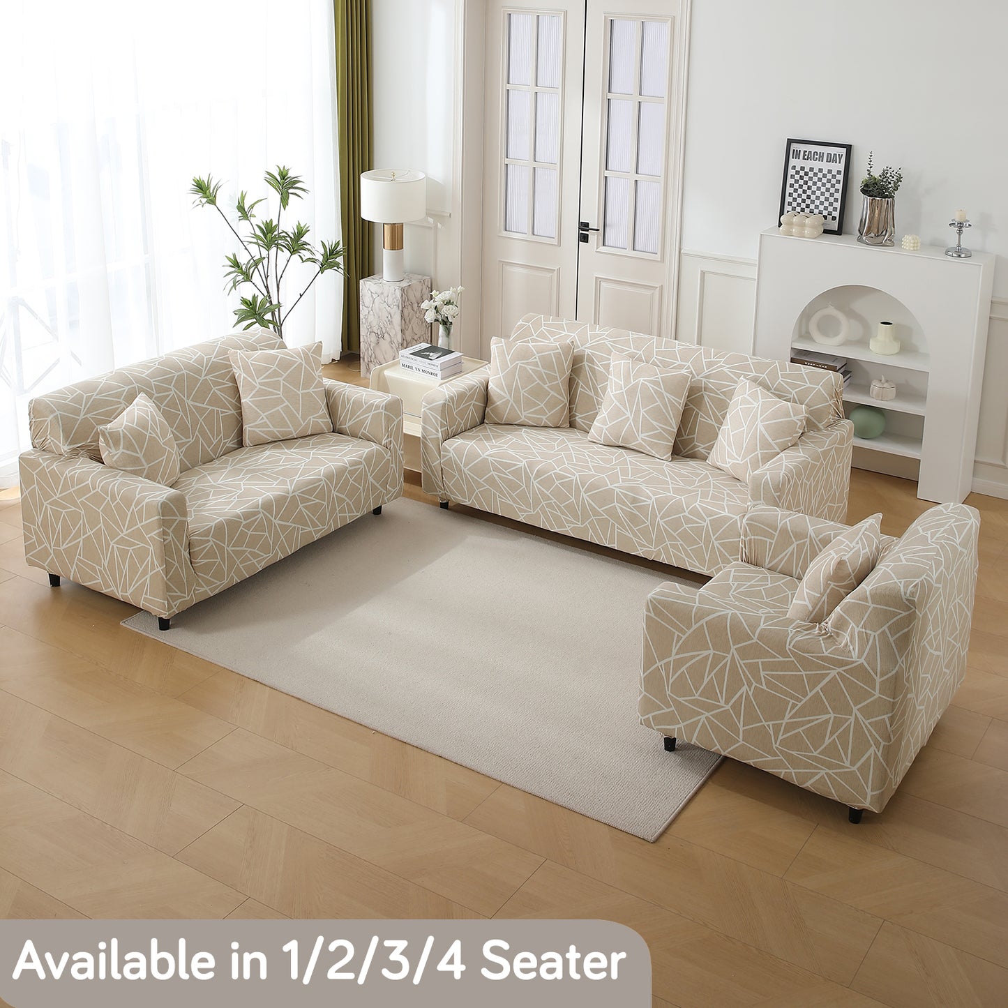 Beige Abstract Geometry Print modern Elastic sofa covers  for 1,2,3,4,5 & 7 seater sofas