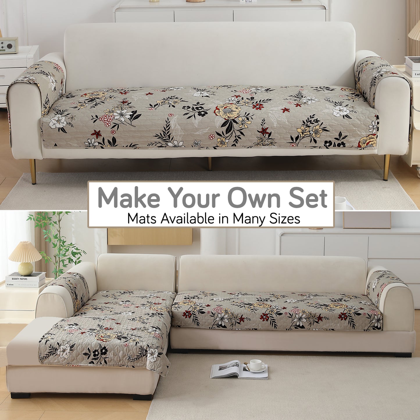 Polyester Printed Quilted Sofa Cover Mats, Floral Ash Grey