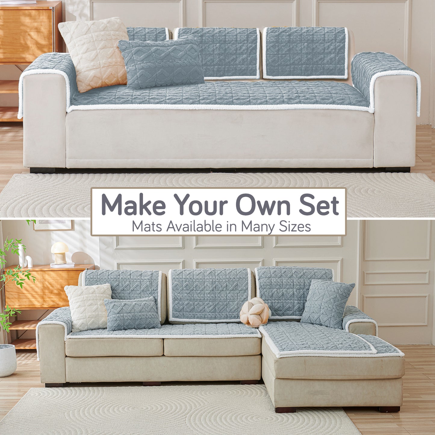 'Italian Caelora' Luxury Jacquard Plush Sofa Cover Mat and Anti-Slip Armrest Covers - Powder Blue