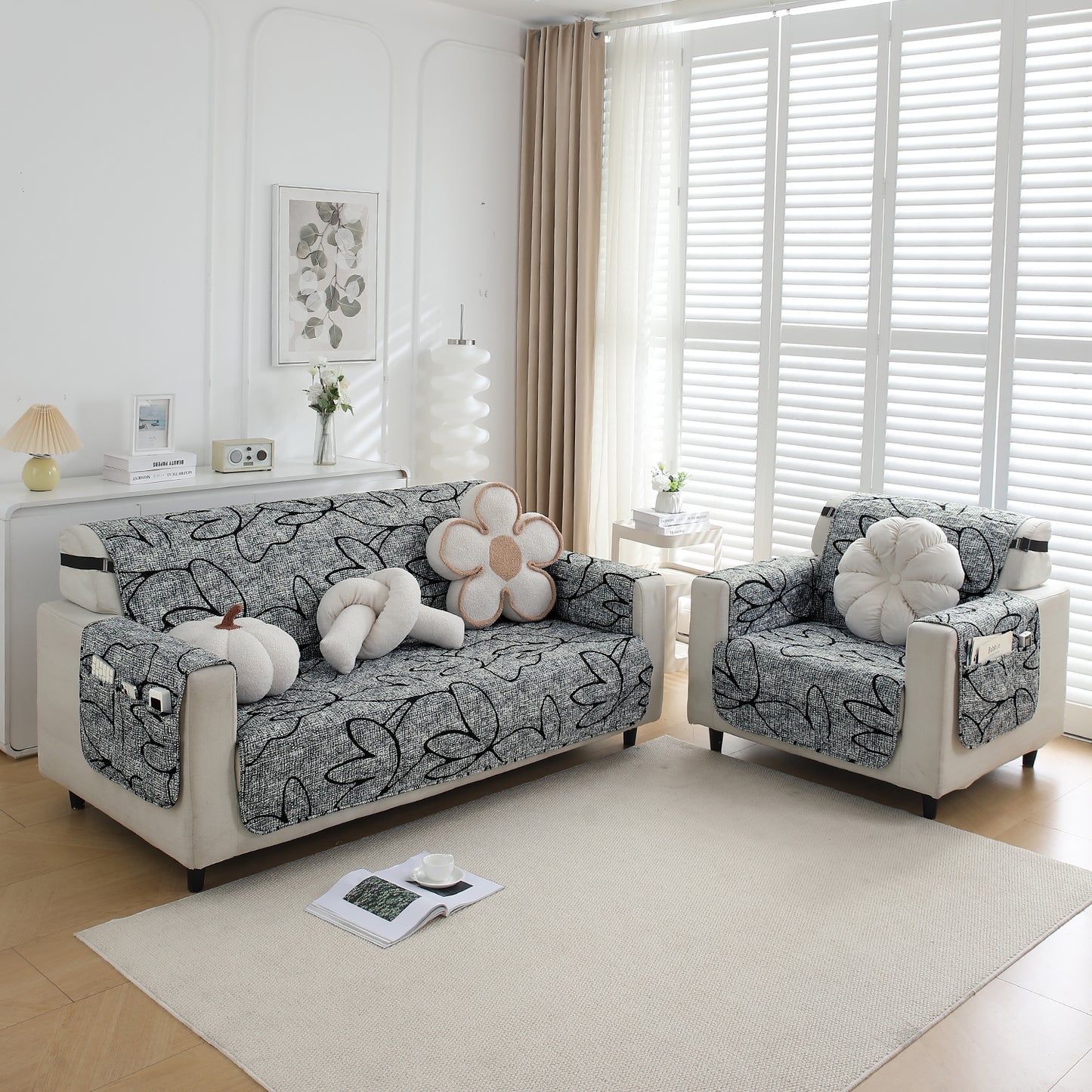 Waterproof & Quick-Dry Quilted Sofa Cover with Pockets on Armrest, Intense Grey Abstract Floral