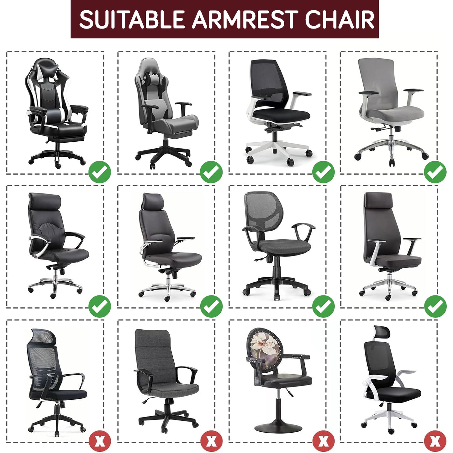 210gsm Jacquard Water Repellent Armrest Covers for Office Chair (Elastic Style), 1 Pair, Burgundy