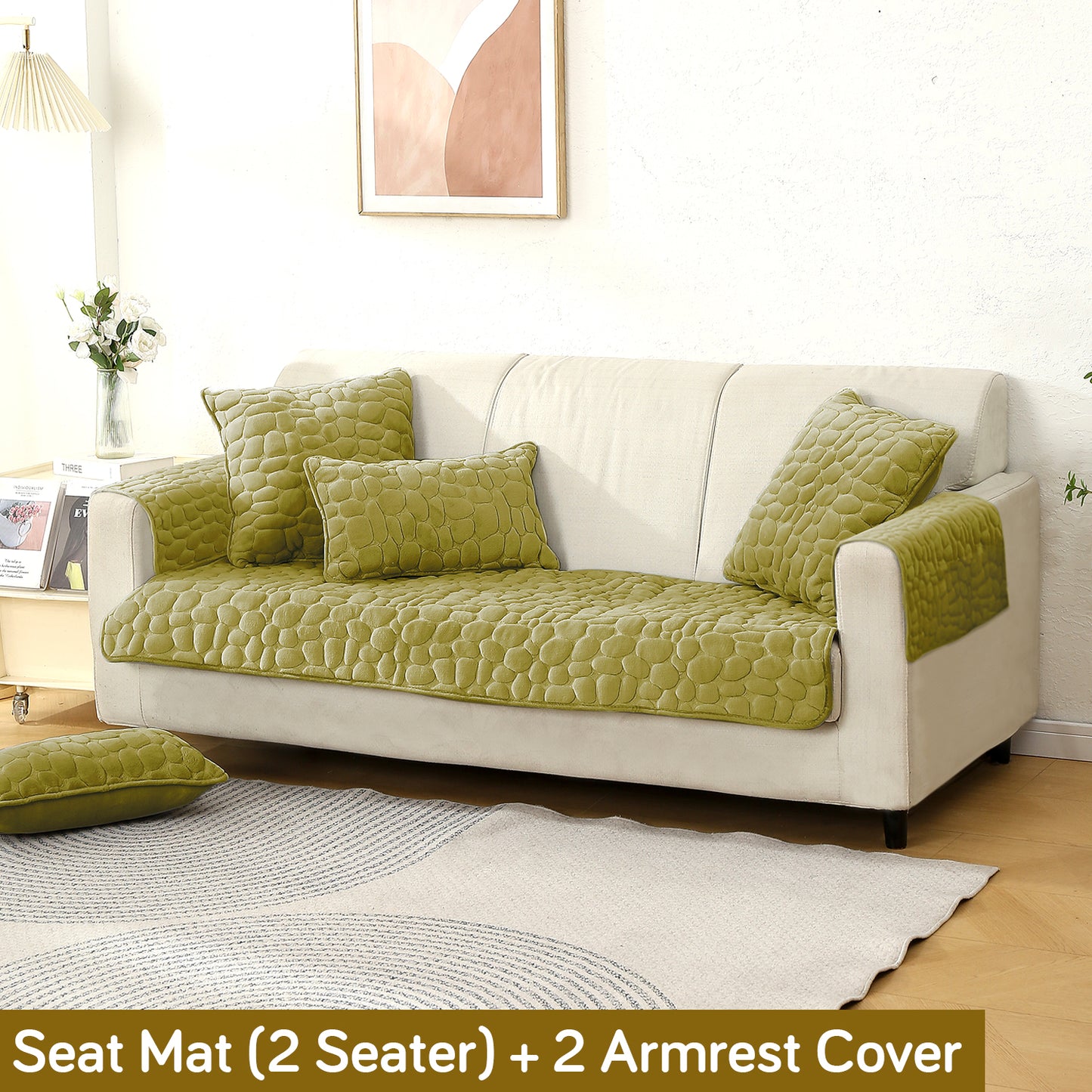 Premium Pebble Milk Velvet Anti Slip Sofa Cover Mat with 2 Armrest Cover, Pristine Green