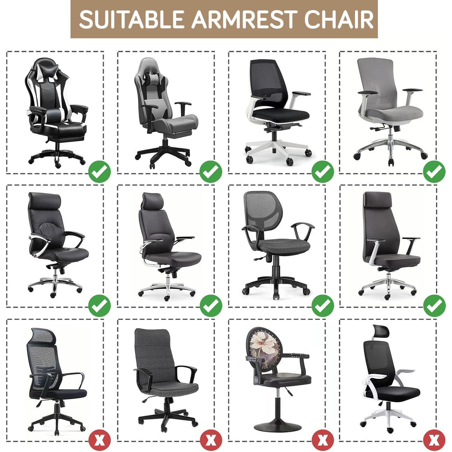 210gsm Jacquard Water Repellent Armrest Covers for Office Chair (Elastic Style), 1 Pair, Camel