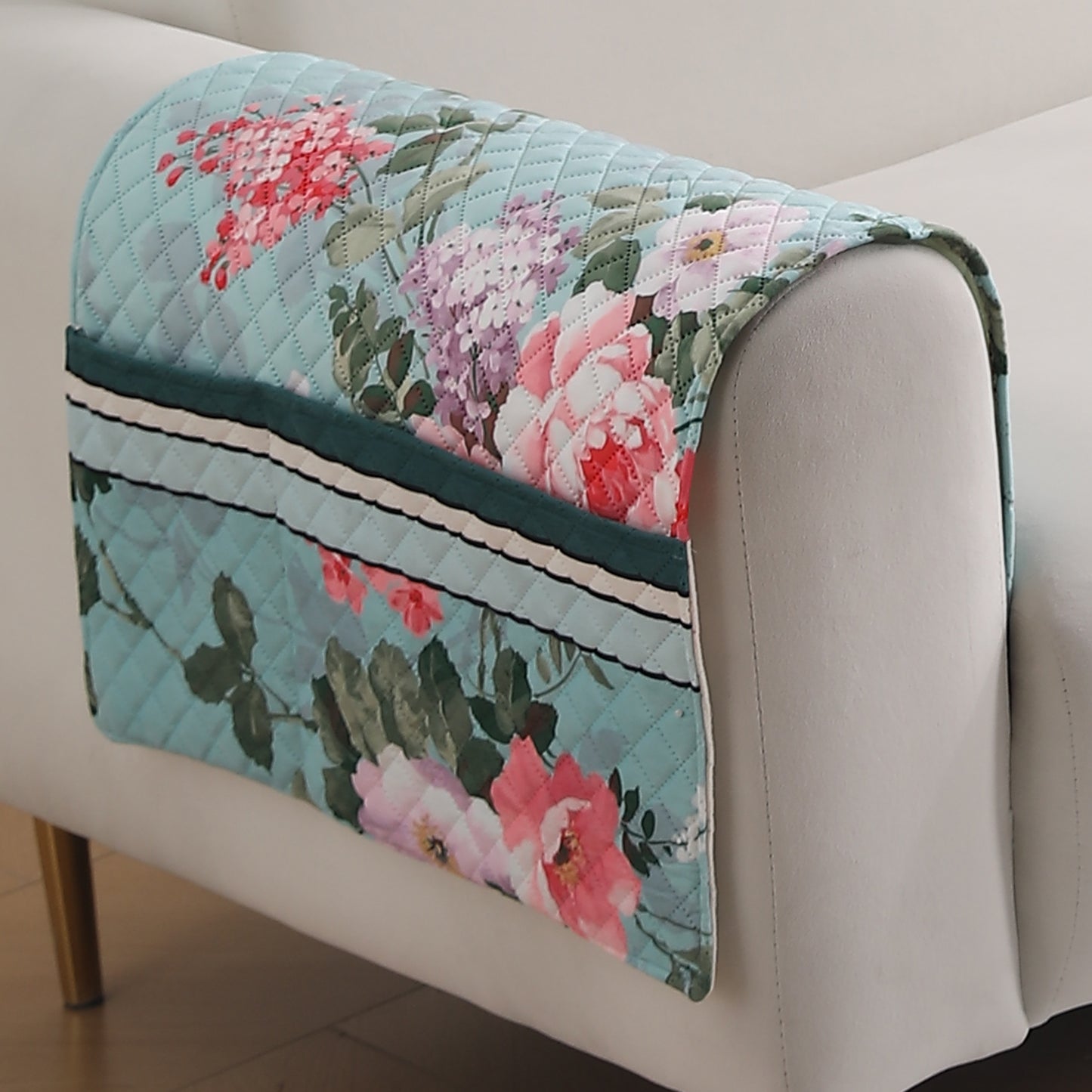 LiefNest Holland Velvet Sofa Cover Mat with Foam Filling - Fresh Floral Pastel Blue