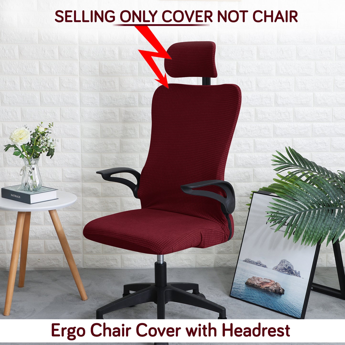 Water Repellent Office Chair Cover with Headrest (High-Back) – 210 GSM Stretch Jacquard – Washable, Anti-Slip Fit for Ergonomic Mesh Office Chairs, Burgundy
