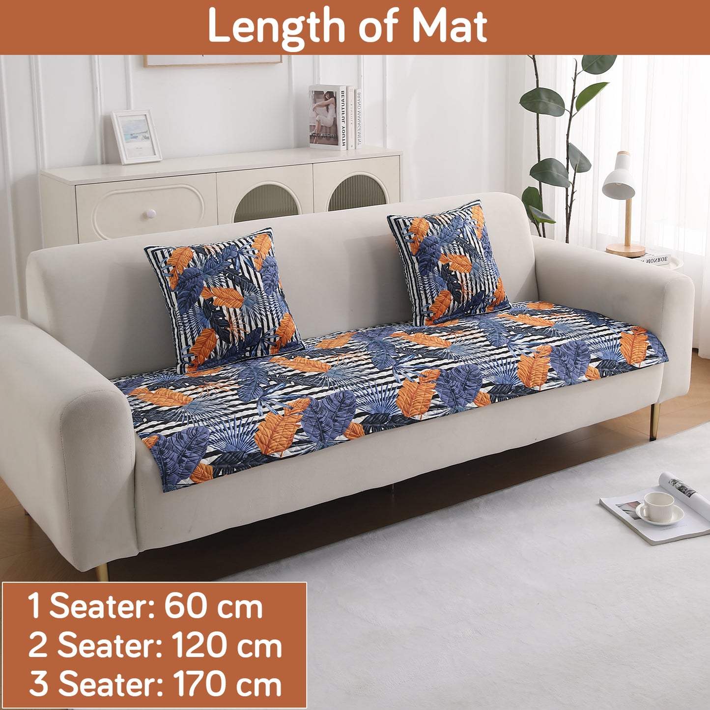 LiefNest Printed Holland Velvet Sofa Mat with Foam Filling - Tropical Leaves Dusk Blue for 1/2/3 Seater & Armrest
