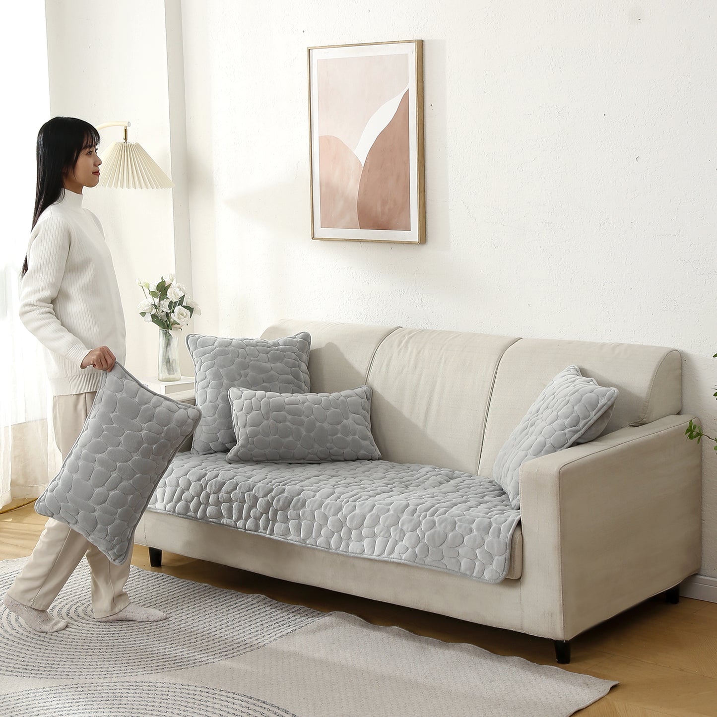Premium Pebble Milk Velvet Anti Slip Sofa Mat for 1/2/3 Seater, Moon Grey