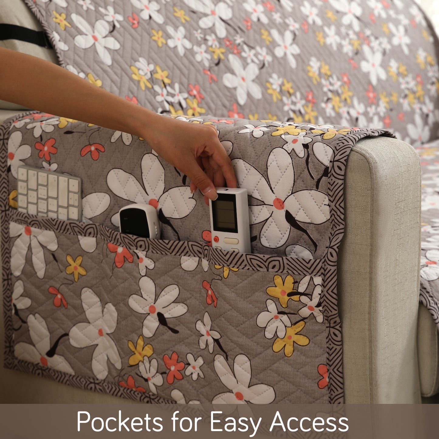 Pastel Brown Sandwort Flower Printed sofa cover set with handy side pocket