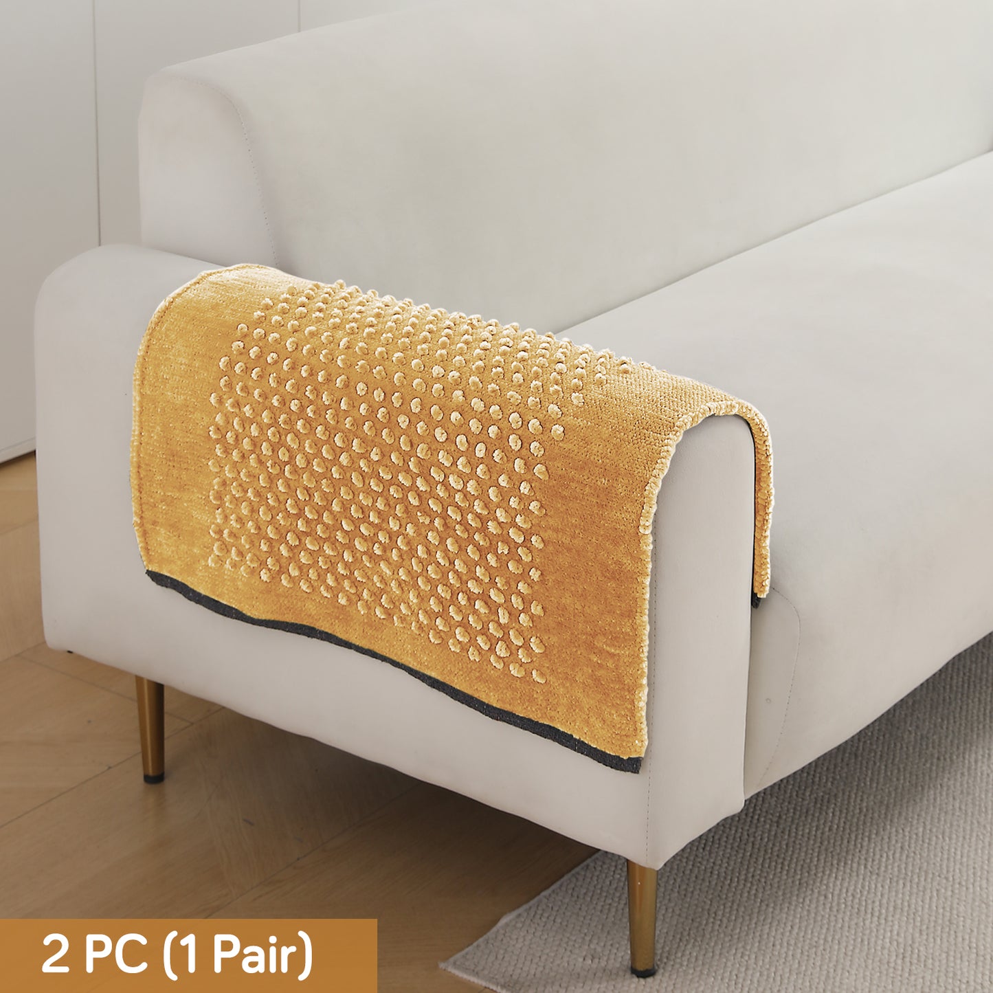 HOKIPO 2 Pcs Handloom Thick Poly Velvet Reversible Sofa Armrest Cover, Buff Cream