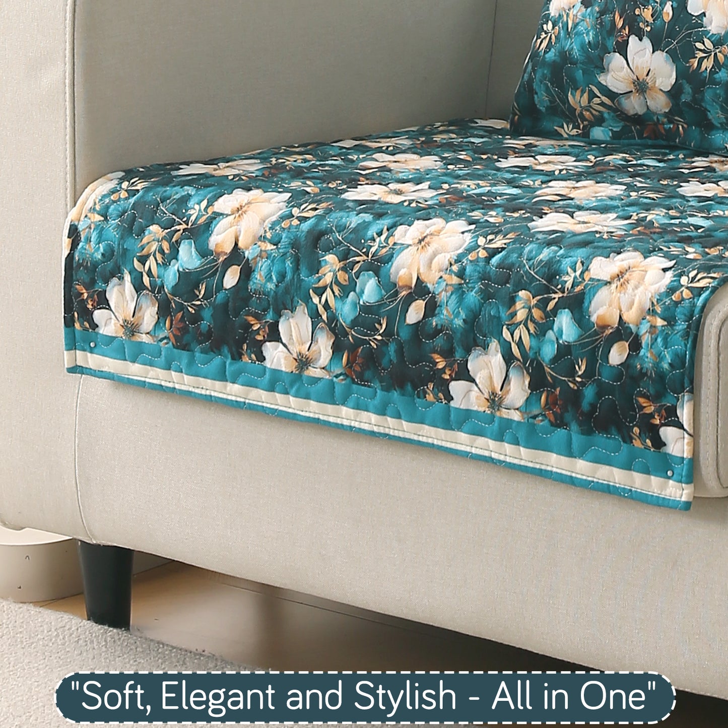 Florentina Series Printed Holland Velvet Sofa Mat - Pansies Teal