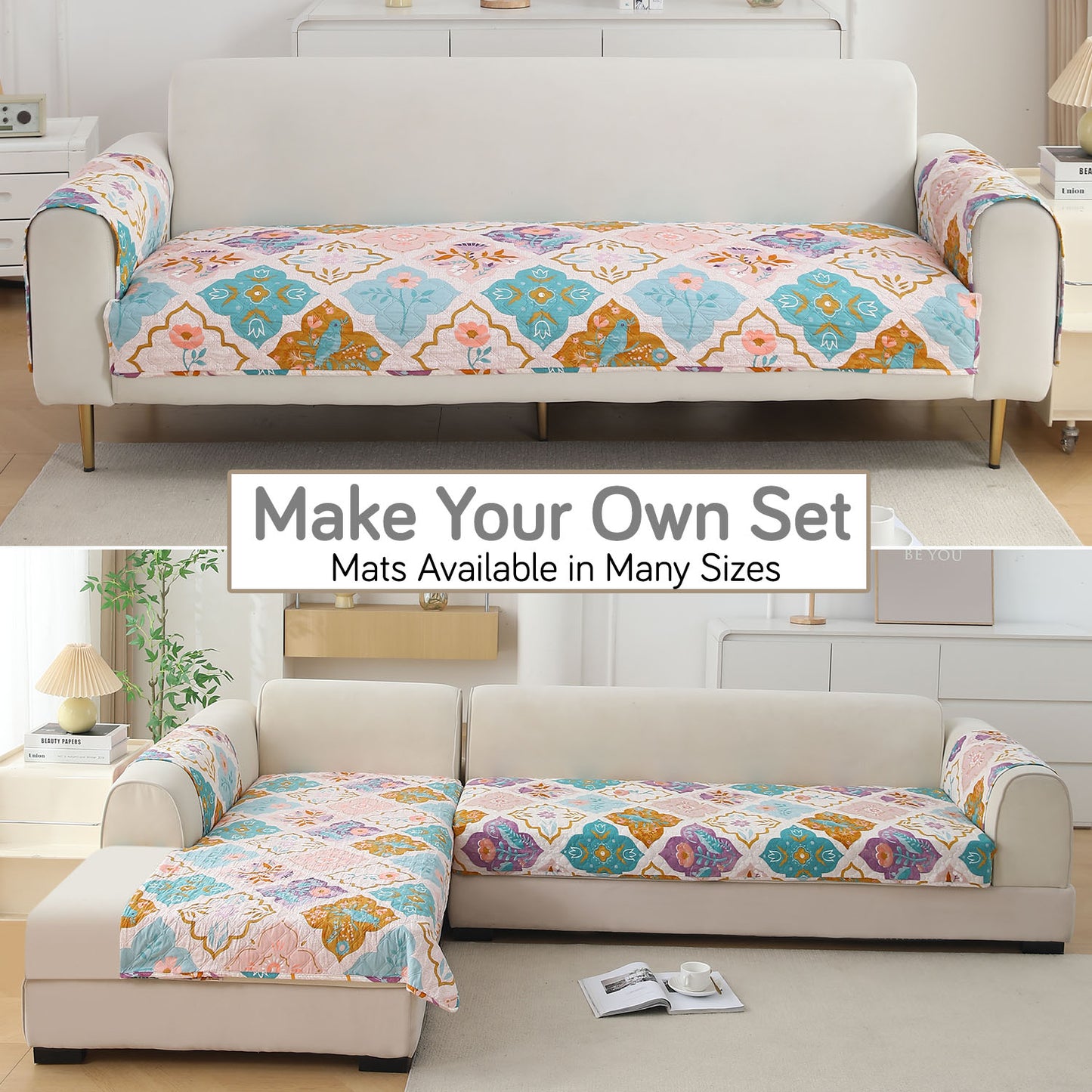 Polyester Printed Quilted Sofa Cover Mats, Quatrefoil Multicolor