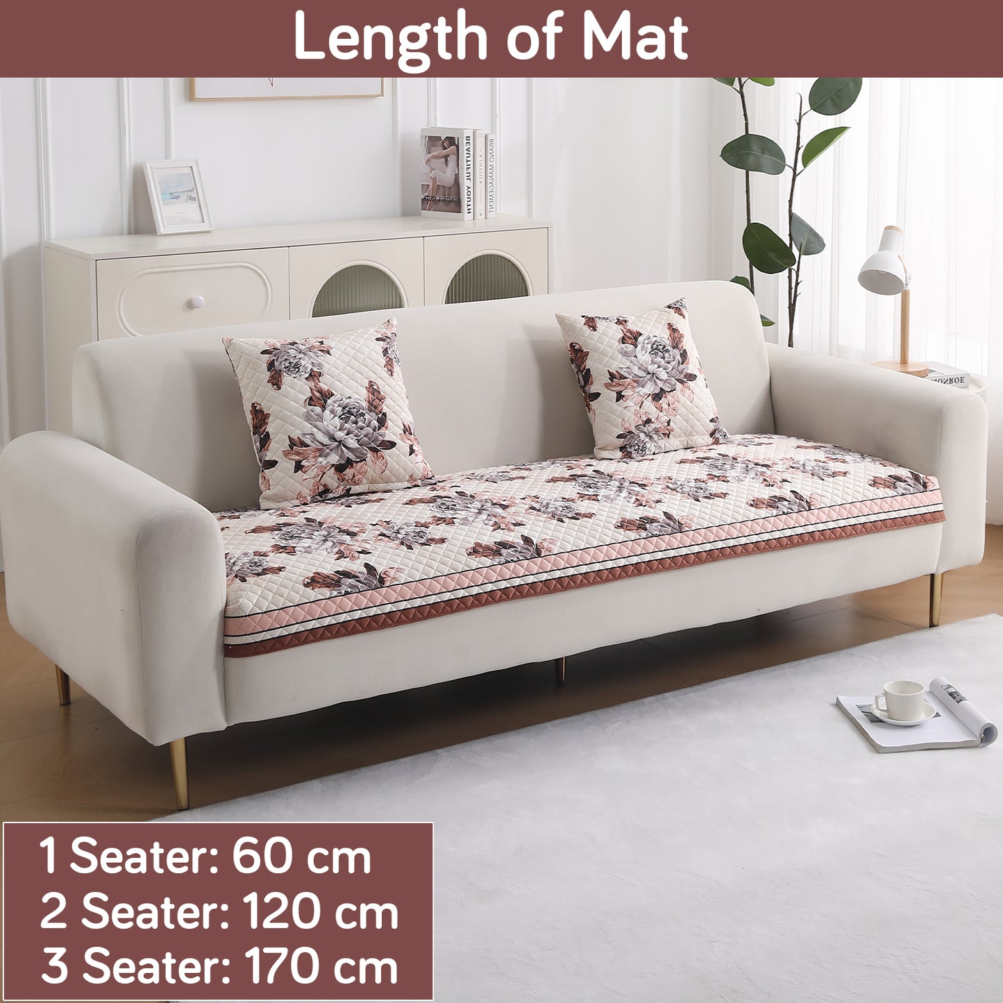 LiefNest Printed Holland Velvet Sofa Mat with Foam Filling - Chrysanthemum Bloom Soft Beige for 1/2/3 Seater & Armrest