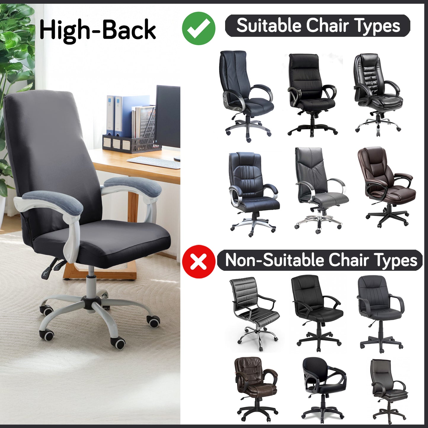 Office Chair Cover for Executive Chair (High-Back) – 140 GSM Stretch Fabric – Washable, Durable & Anti-Slip – Fits High-Back Office Chairs, Grey