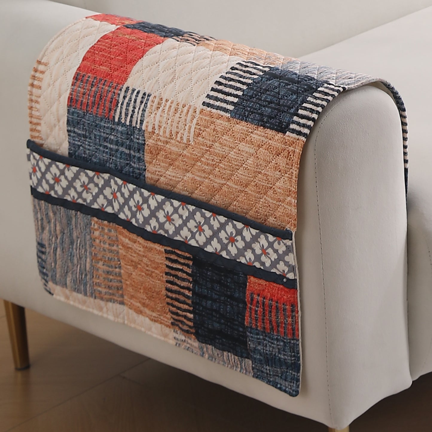 LiefNest Holland Velvet Sofa Cover Mat with Foam Filling - Urban Grid Multicolor