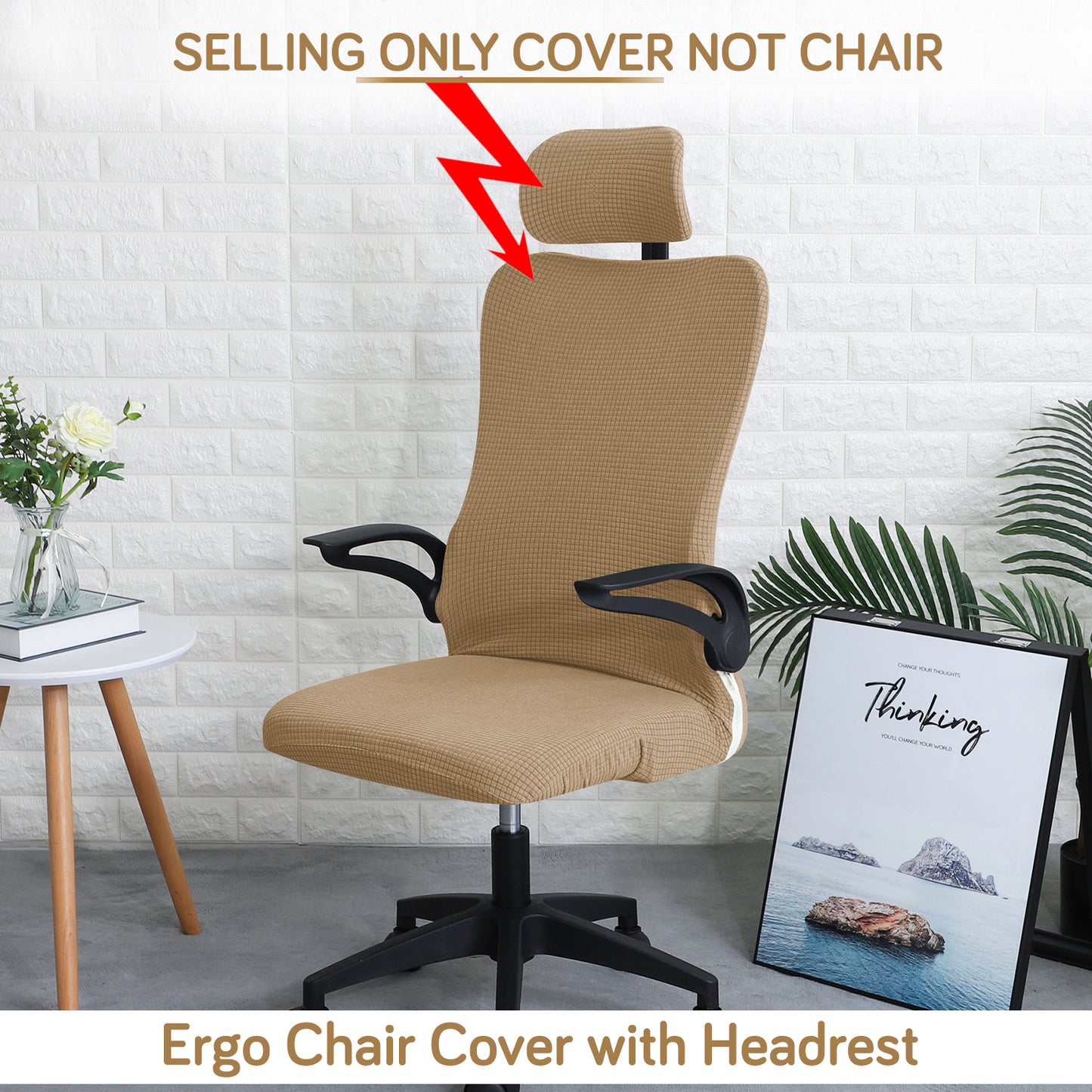 Water Repellent Office Chair Cover with Headrest (High-Back) – 210 GSM Stretch Jacquard – Washable, Anti-Slip Fit for Ergonomic Mesh Office Chairs, Light Brown