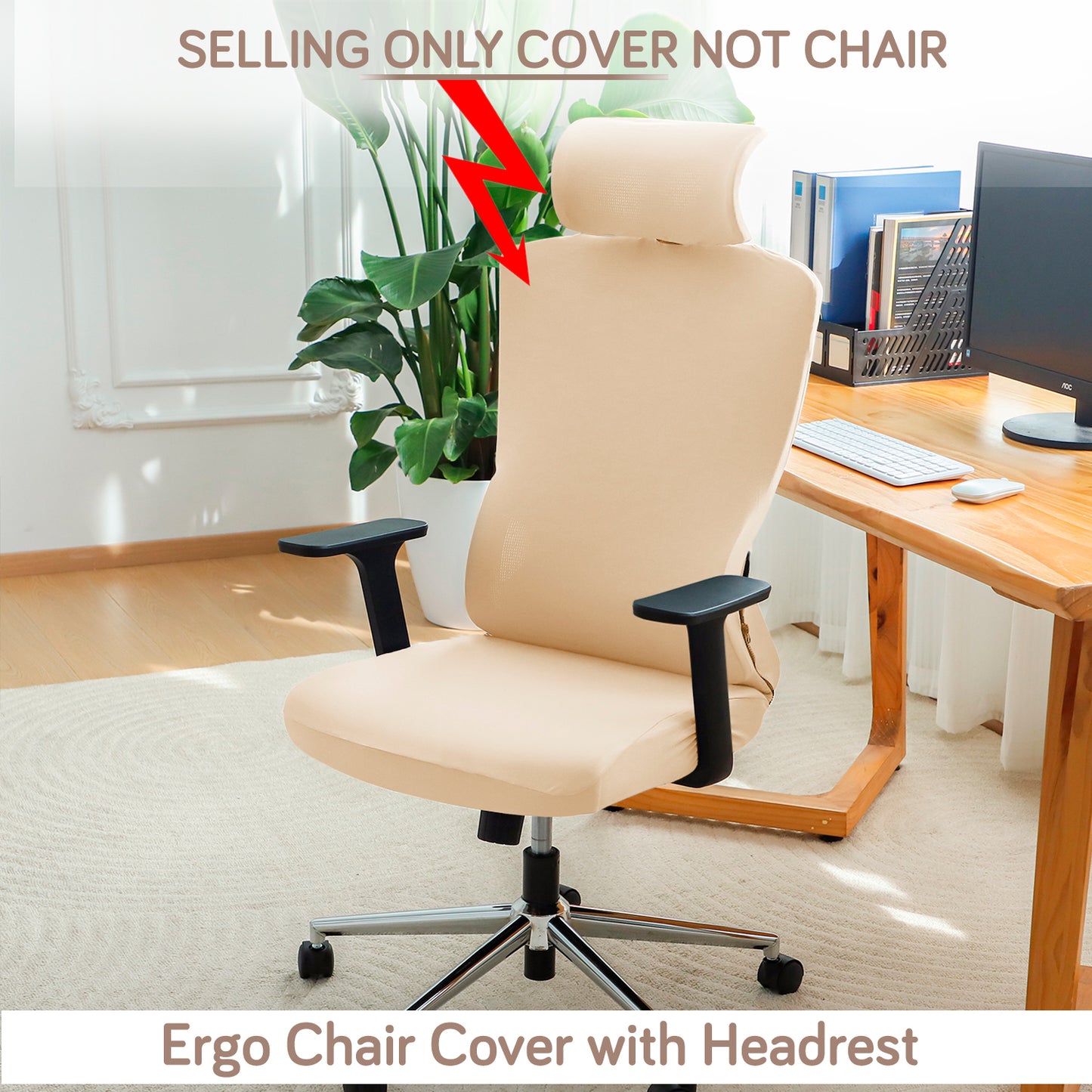 Office Chair Cover with Headrest (High-Back) – 140 GSM Stretch Fabric – Washable, Anti-Slip Fit for Ergonomic Mesh Office Chairs, Beige