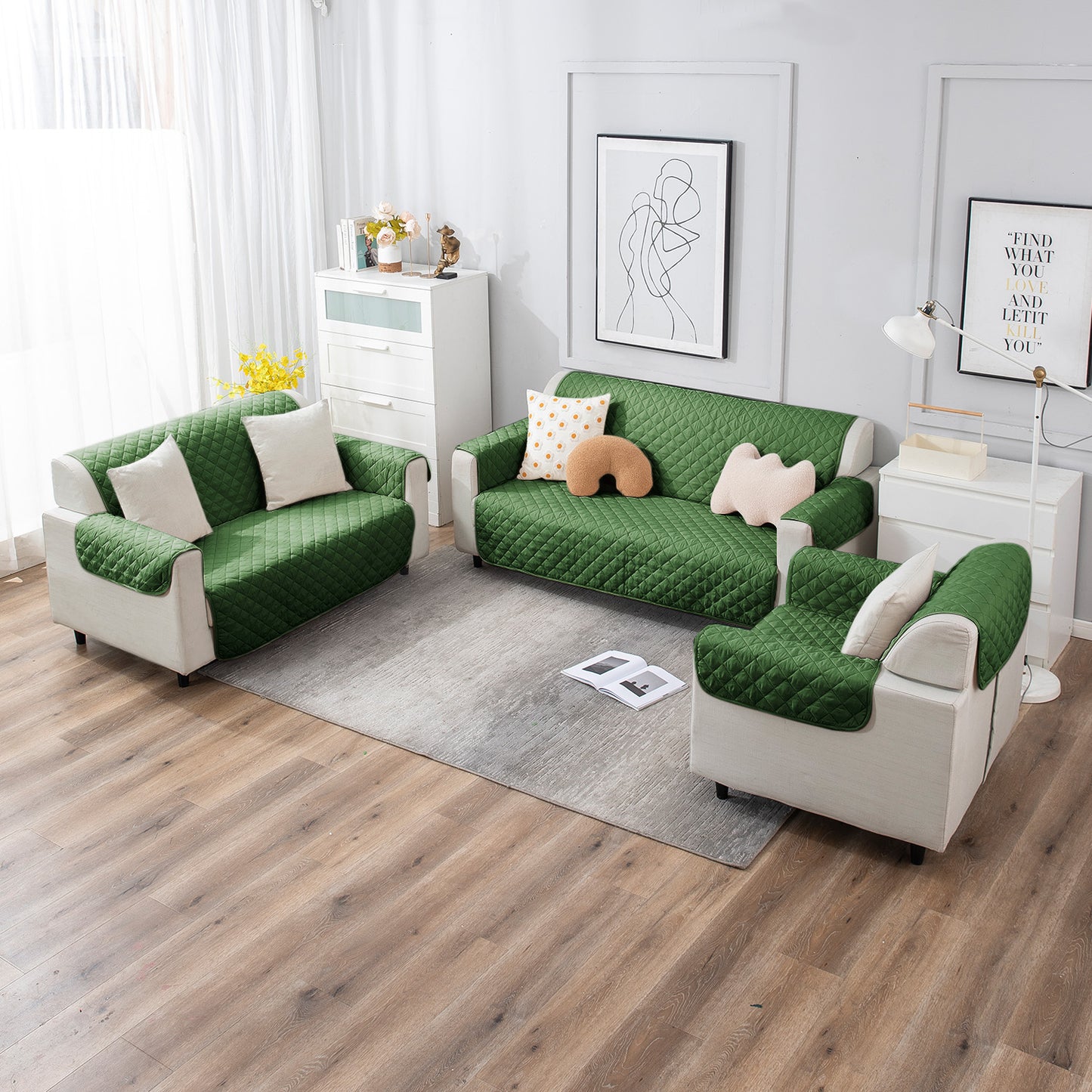 Forest Green quilted sofa cover set for 1, 2, 3, 4, 5, & 6 Seater sofa