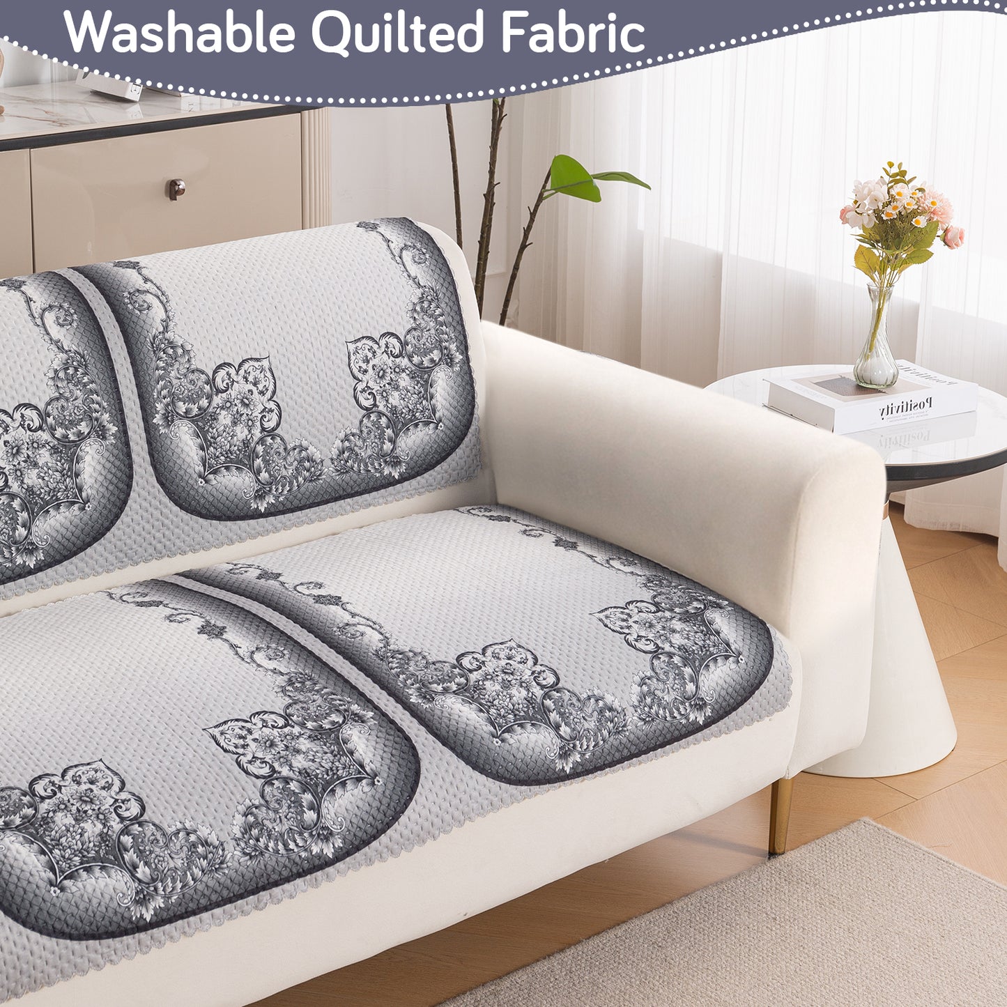 HeavenHue Fleece Soft Touch Quilted Sofa Cover Set Washable Sofa Panel for Seat & Back - Twilight Lace