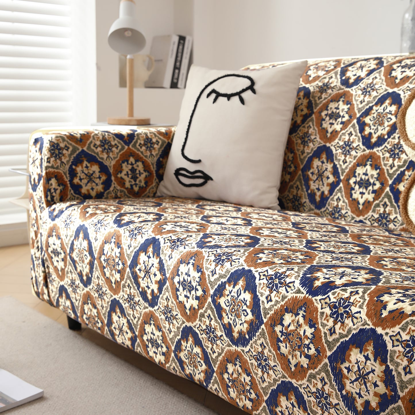 Premium Printed Velvet Sofa Cover 1/2/3 Seaters Fully Covered, Indigo Moroccan Charm