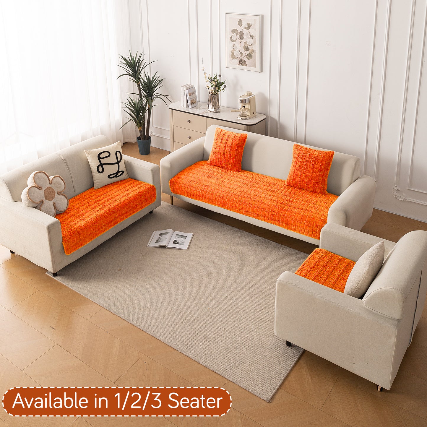 Premium Plush Anti Slip Sofa Mat for 1/2/3 Seater, Orange