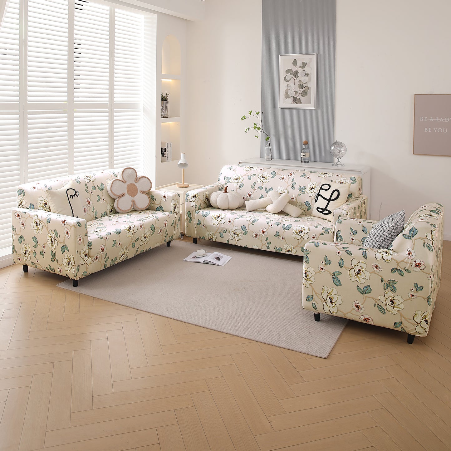 Premium Printed Velvet Sofa Cover 1/2/3 Seaters Fully Covered, Buttercream Magnolia Whisper