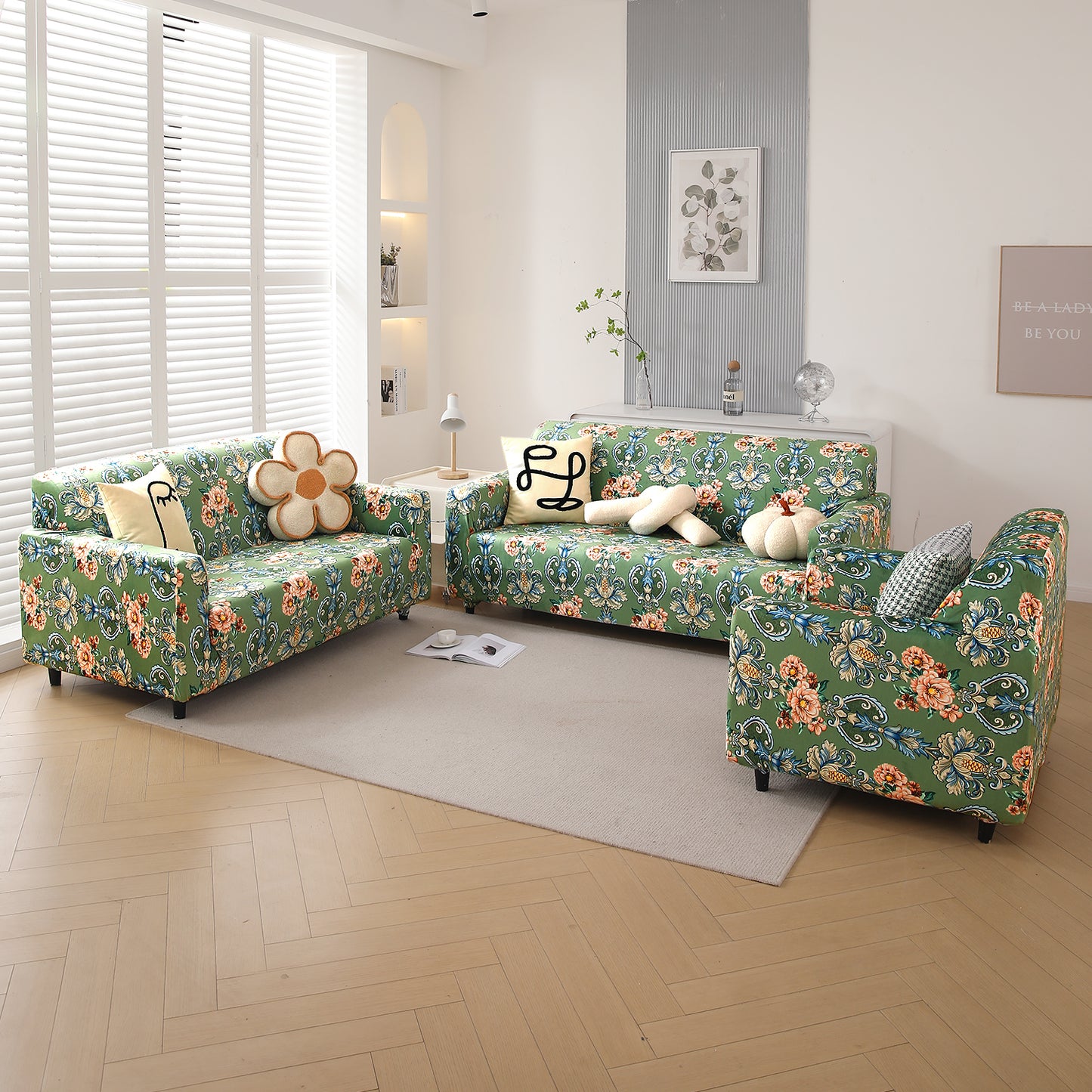 Premium Printed Velvet Sofa Cover 1/2/3 Seaters Fully Covered, Green Victorian Garden
